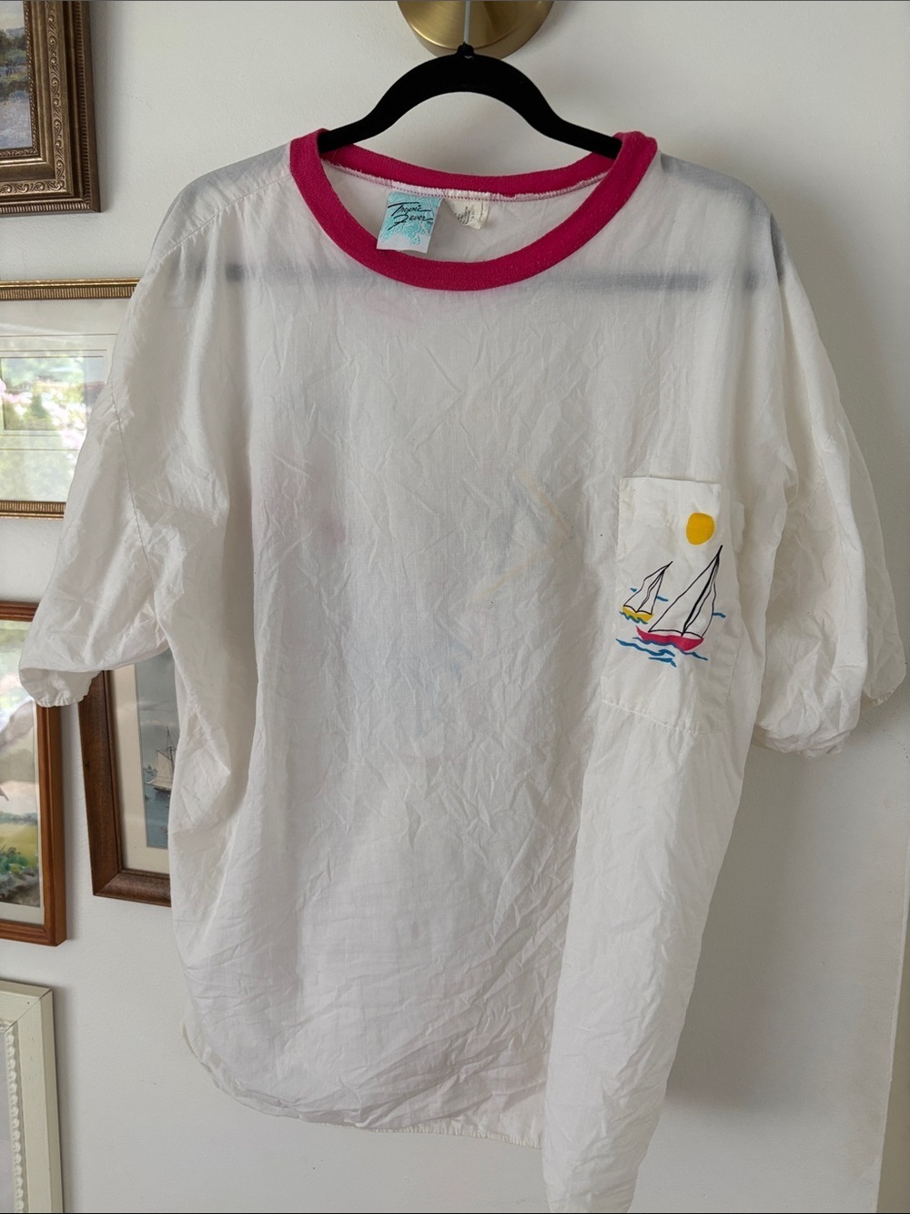 Vintage made in USA tropic fever White Tee with Pink Ringer and Sailboat Pocket